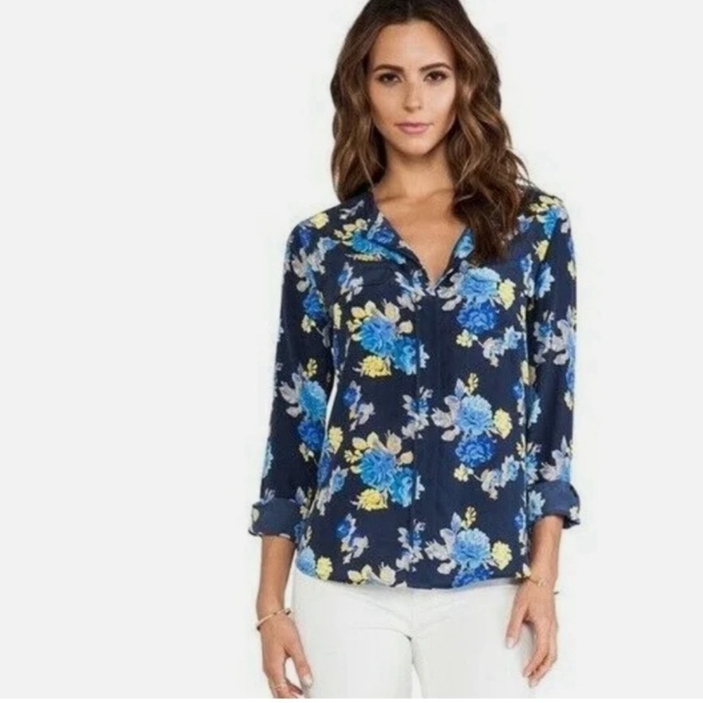 Equipment Silk Lynn Button Front  Blouse Floral Blue Peacoat Print SZ S Navy